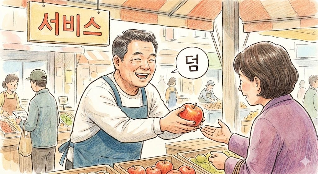 市場の店主アジョッシとお客さんの温かい交流のイラスト