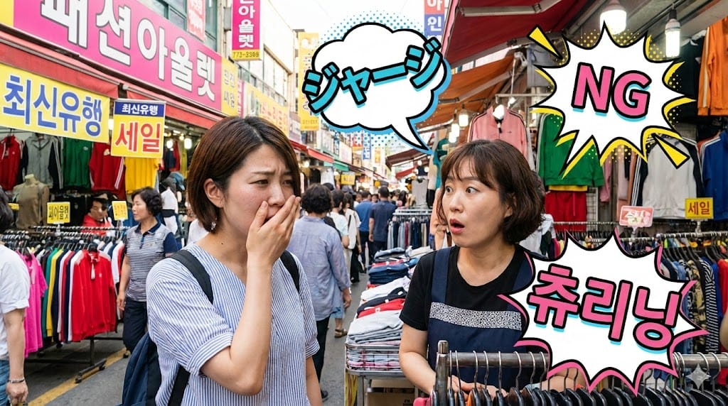 賑やかな屋外衣料品市場に立つ2人の女性が、驚きと不安を表現し、その周囲にはカラフルなコミック風の吹き出しと韓国語と日本語のテキストが配されている。.