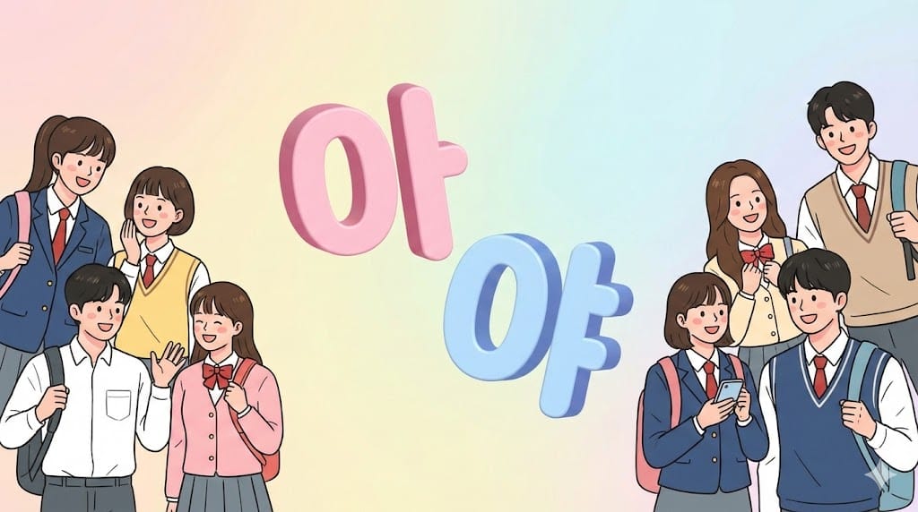 パステル調の背景に描かれた大きなハングル文字の両側に立つ、リュックを背負った制服姿の2組の学生のイラスト。.