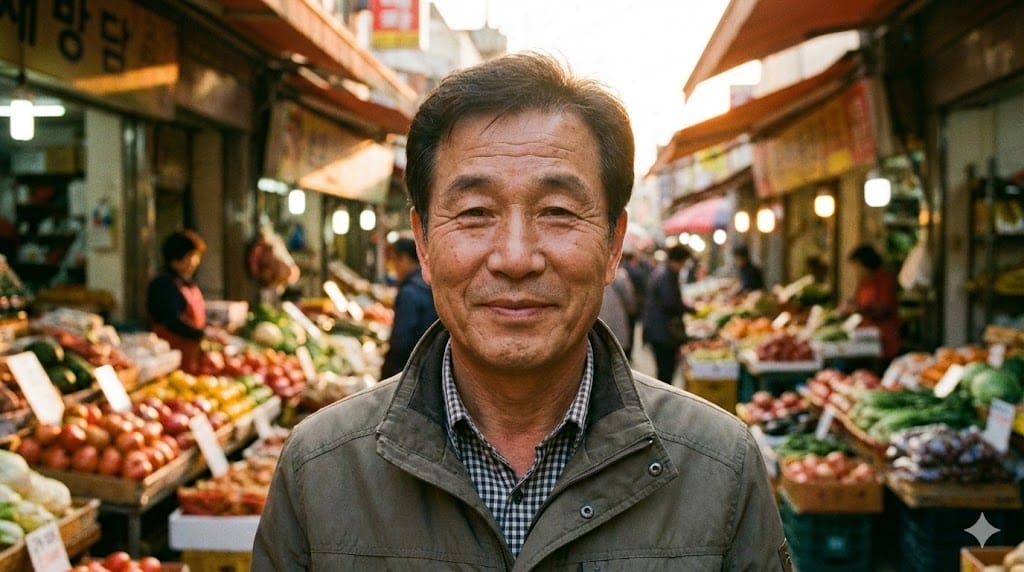果物や野菜の屋台が立ち並ぶ屋外市場で、カメラ目線で佇む男。.
