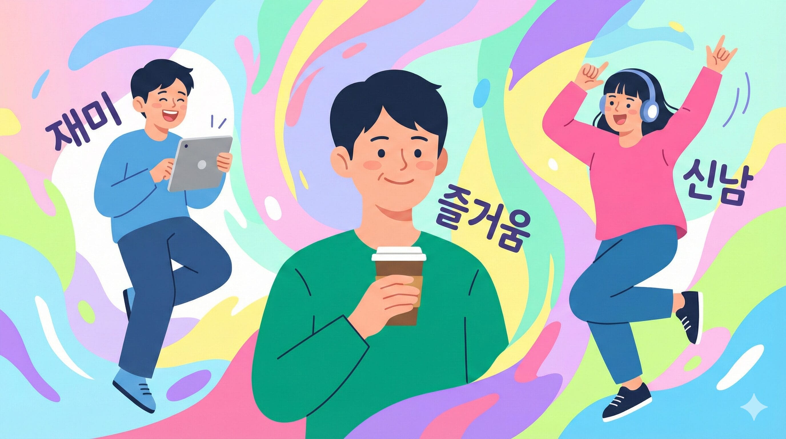 中央にコーヒーカップを持った男性、その両脇にカラフルな渦巻きと陽気な2人のイラスト。「楽しい」「楽しい」「ワクワクする」という韓国語の単語が見える。.
