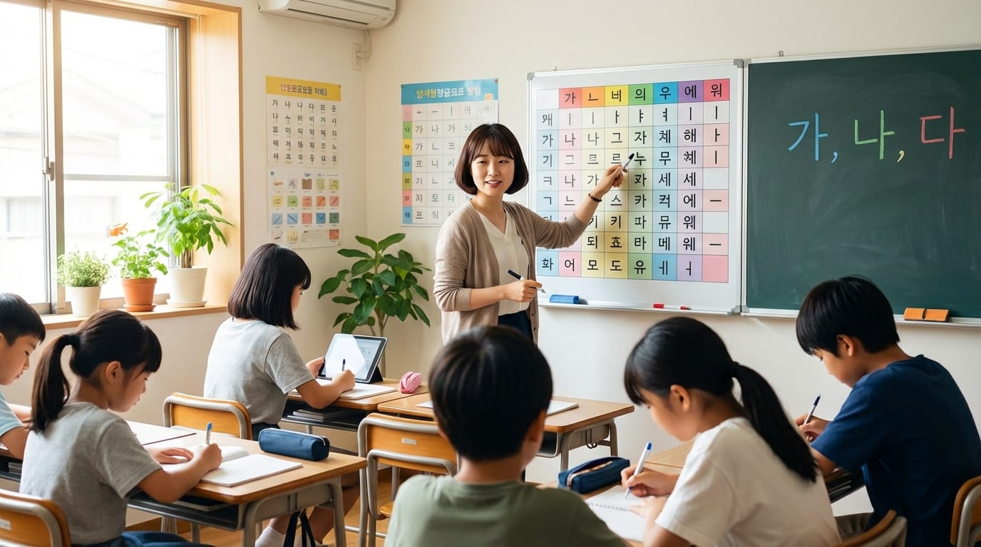 ホワイトボードの前でハングルを教える講師と生徒たち