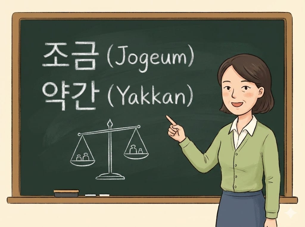 黒板を使って「チョグム」と「ヤッカン」の違いを解説する韓国語講師のイラスト