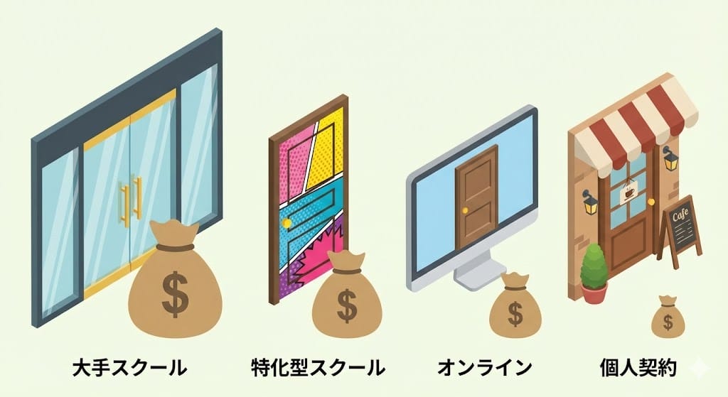 4つの市場セグメント（大手・特化・オンライン・個人）を表すドアのイラスト