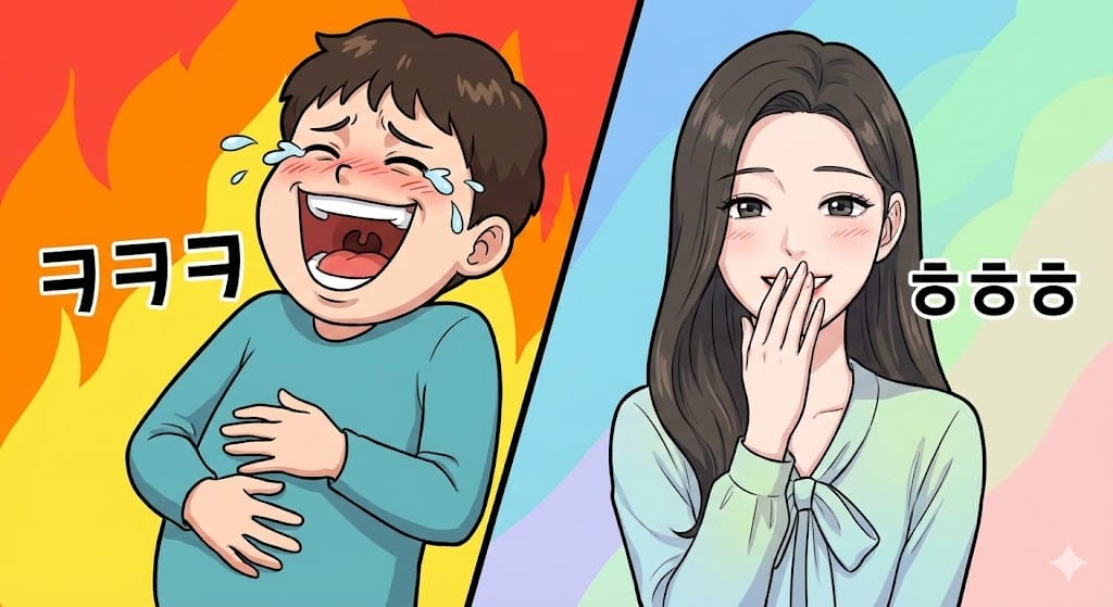 ㅋㅋㅋの大爆笑とㅎㅎㅎの微笑みのニュアンスの違いを比較したイラスト