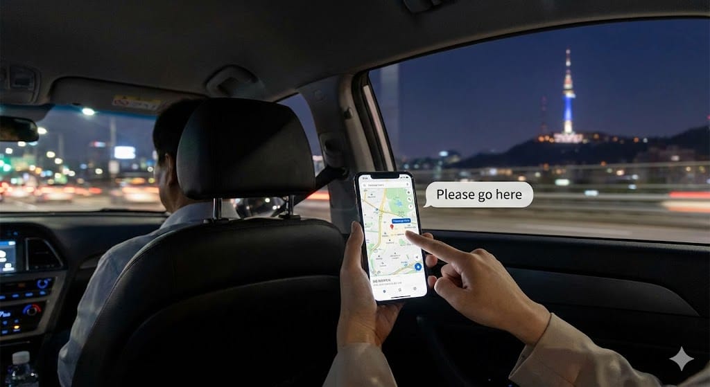 タクシーでスマホの地図を見せながらここに行ってくださいと伝えるシーン