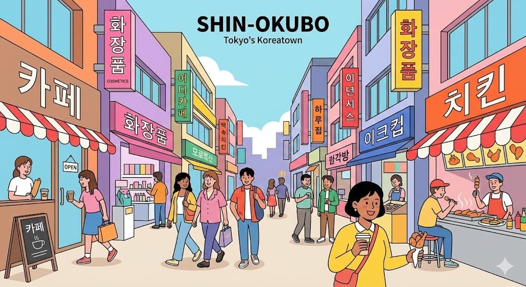 賑やかな新大久保の街並みのイラスト