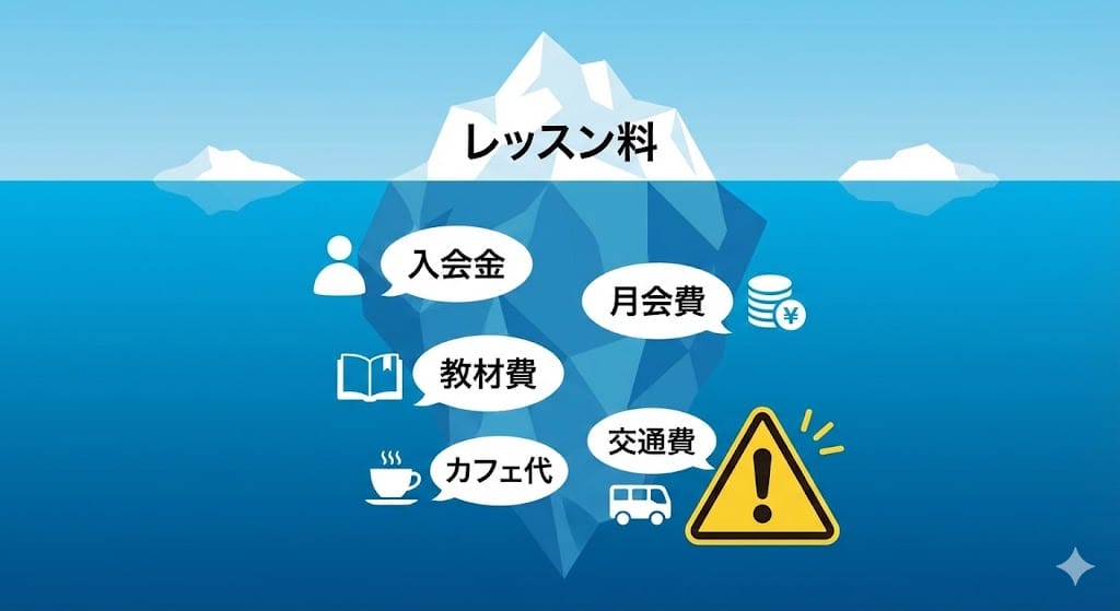 レッスン料の下に隠れた巨大なコスト（入会金・教材費など）を表す氷山の図解