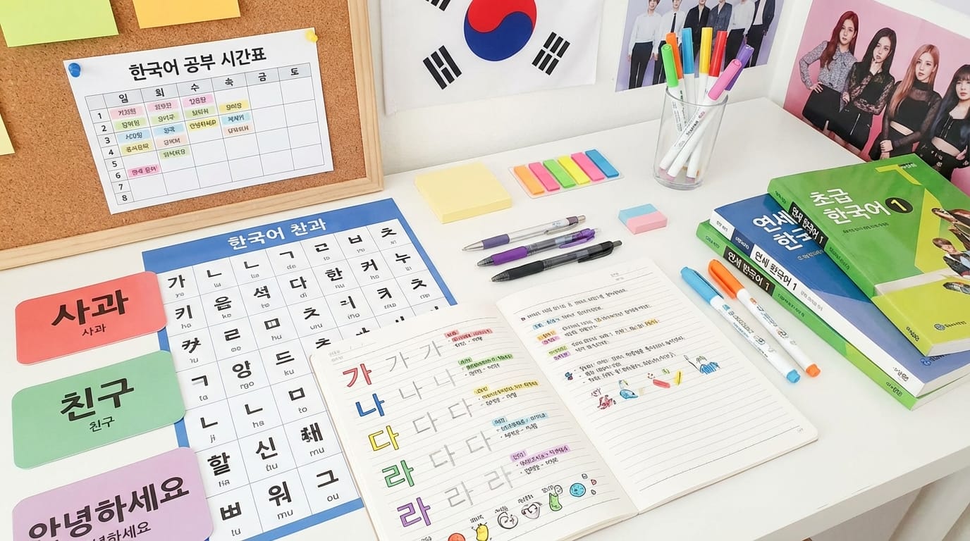 ハングル文字表とカラフルな学習教材が広げられたデスク