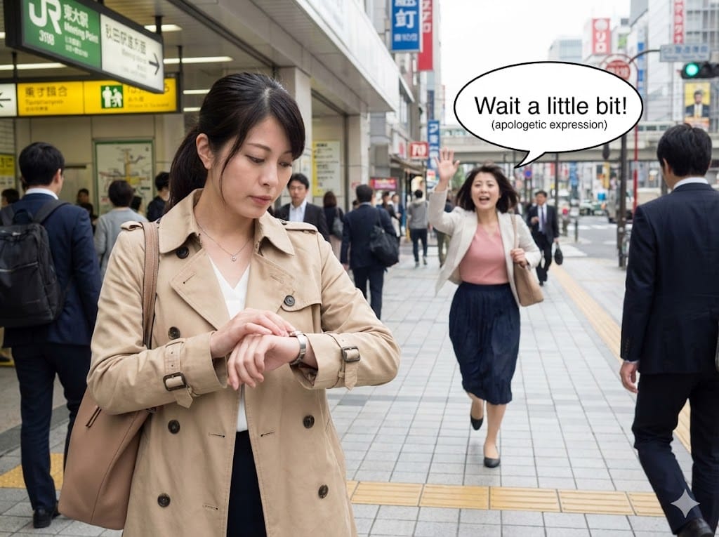 駅前で時計を見ながら友人を待つ女性のイラスト