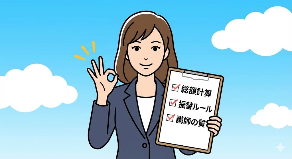 自信を持ってスクールを選ぶためのチェックリストとOKサインを出す女性