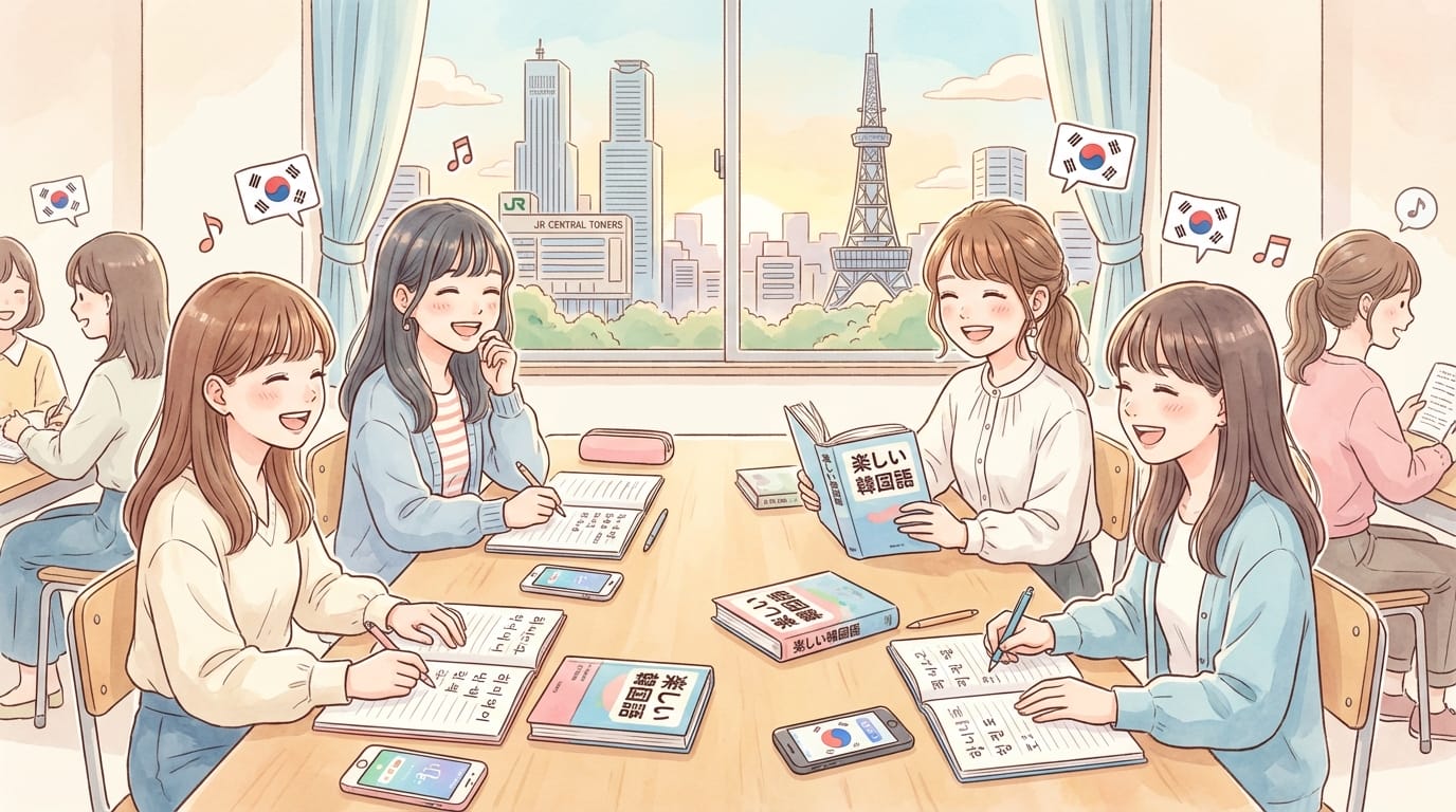 教室のテーブルに座り、教科書とノートを開いて韓国語を勉強する少女たち。.