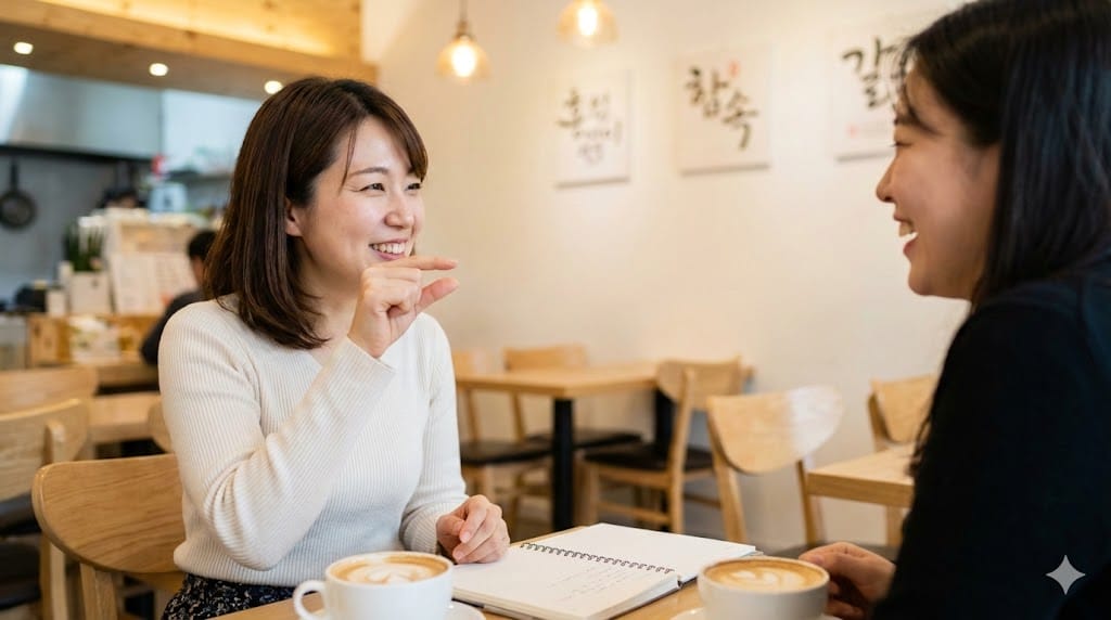 カフェのテーブルでコーヒーとノートを手に、微笑みながら語り合う2人の女性。カジュアルでリラックスした雰囲気だ。.