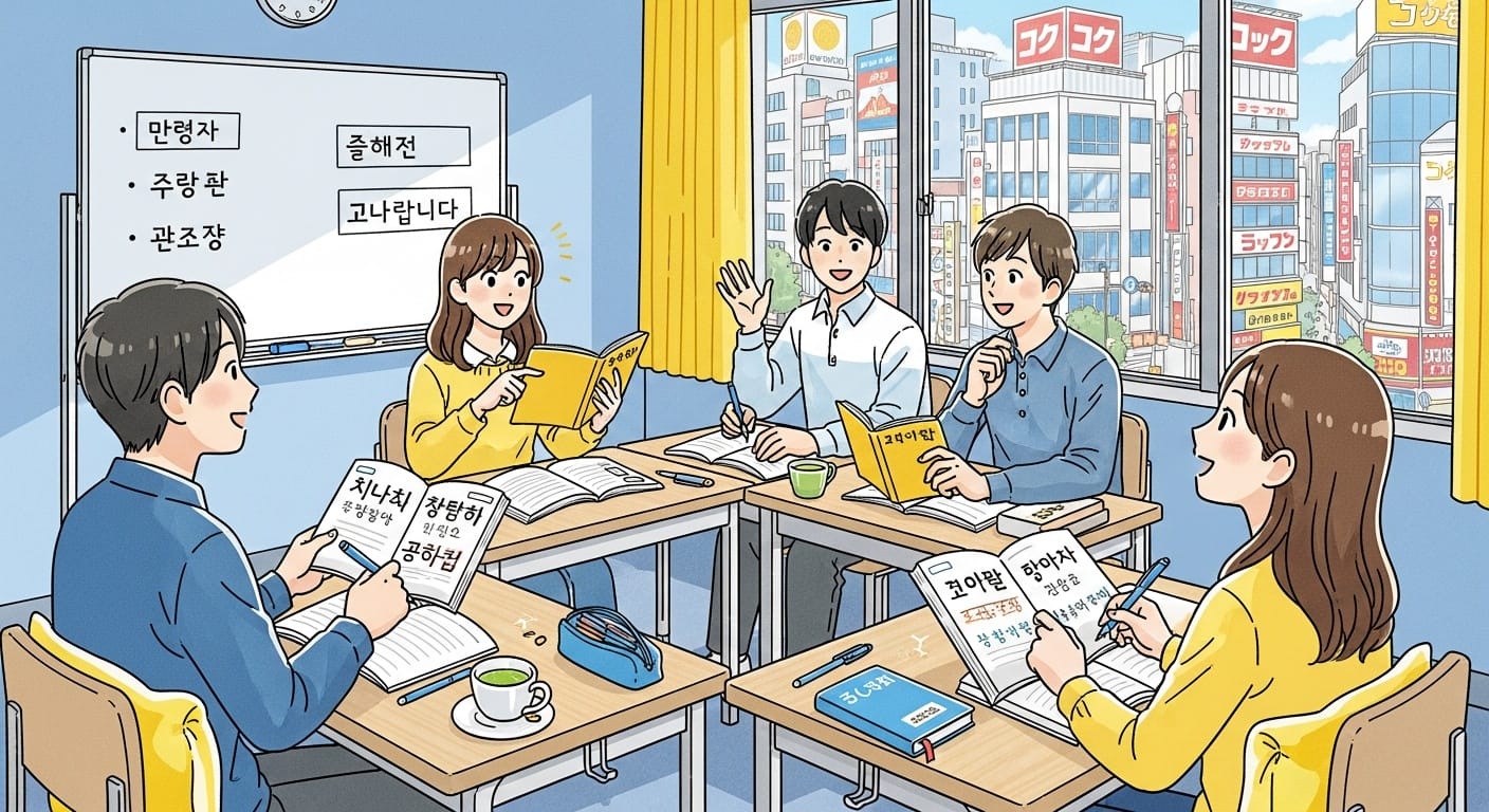 明るい教室で5人の生徒が机を囲み、本やノートを開いて一緒に勉強したり議論したりしている。.
