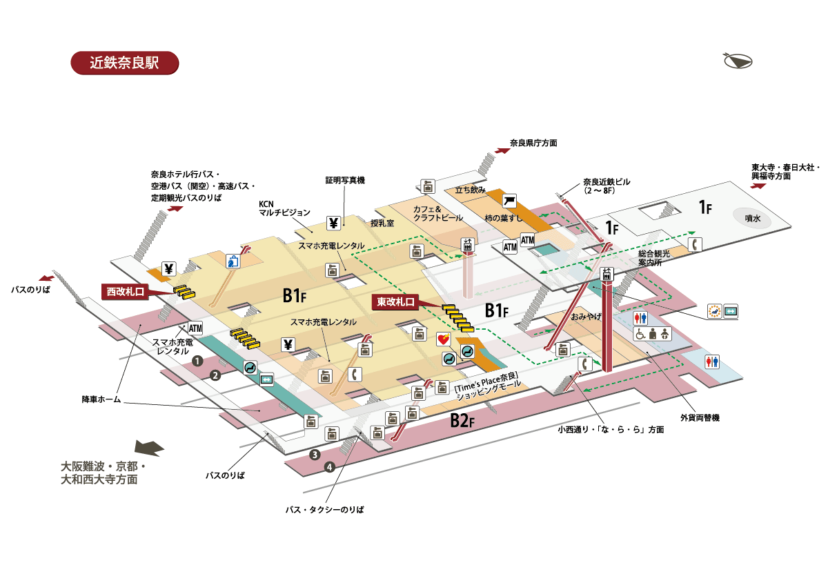 近鉄奈良駅の出口、エスカレーター、エレベーター、ホーム、階段、改札口、周辺施設を日本語で表示した3Dマップ。.