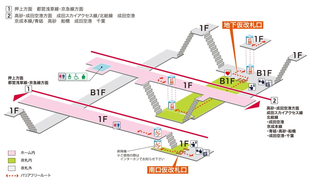 階段、エレベーター、券売機、トイレ、出口、ホーム、南、地下の臨時改札口への経路が表示された立体駅の図。.
