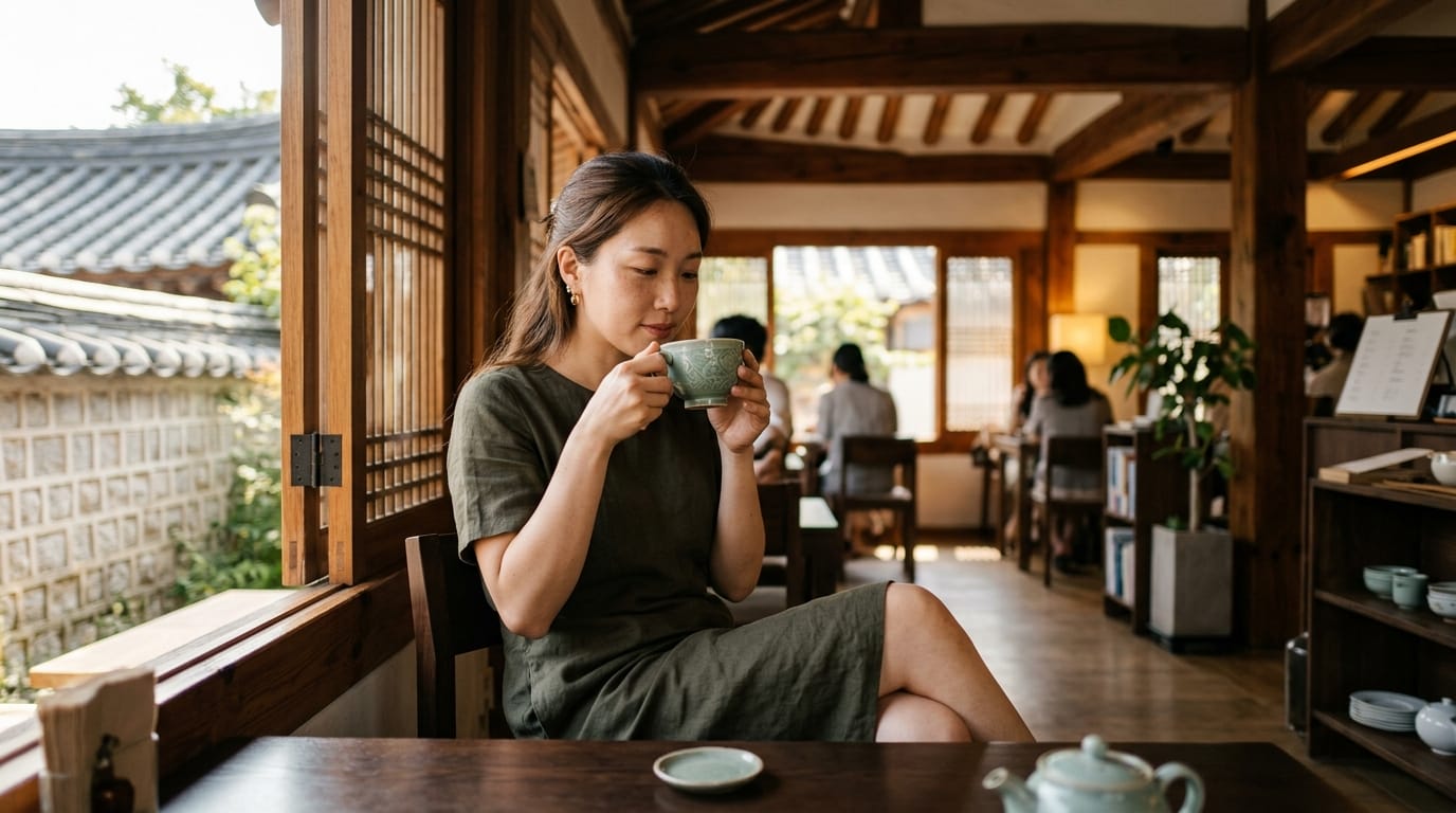 木の梁と自然光が差し込む伝統的なスタイルのカフェで、窓際の木のテーブルに座り、カップで飲む女性。.