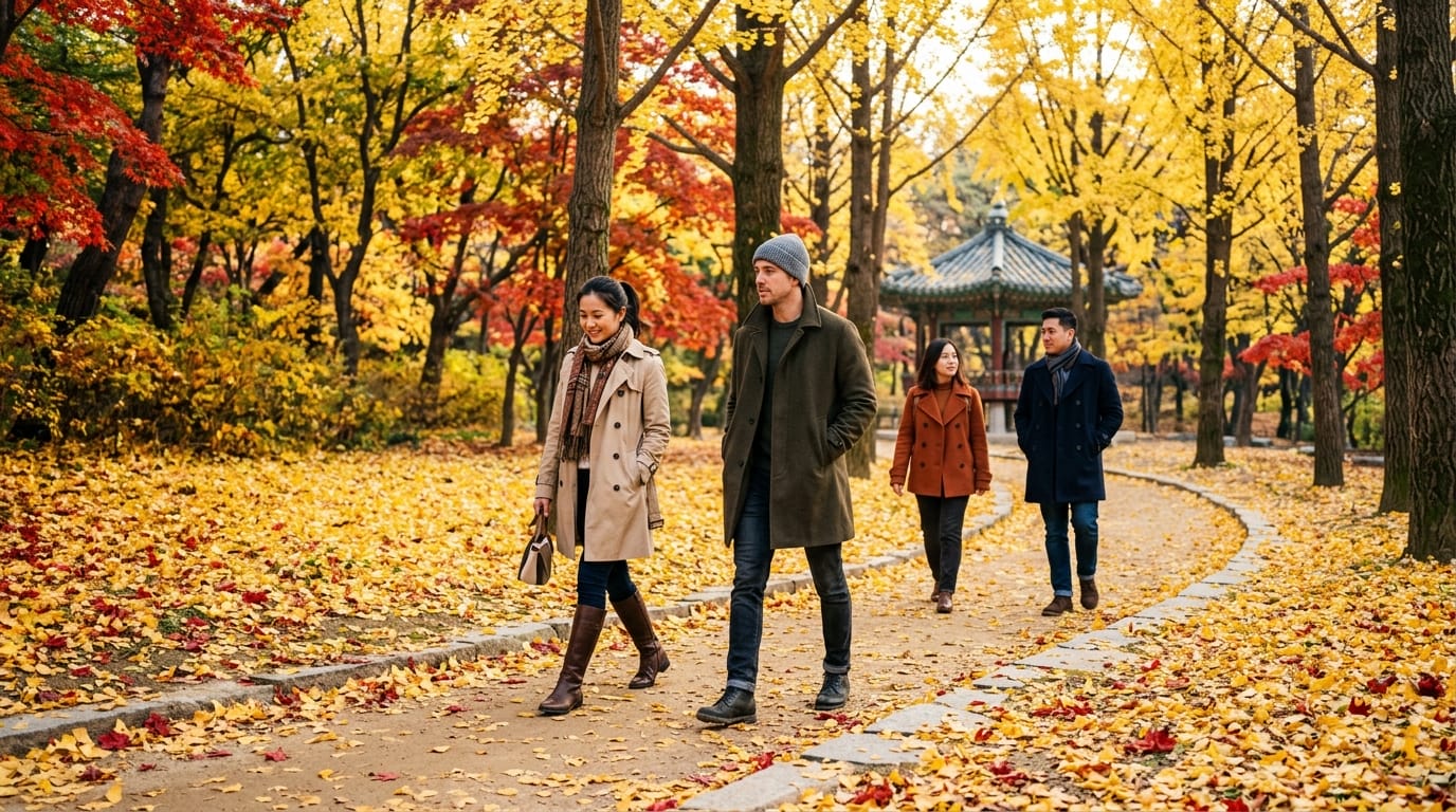 秋の美しい韓国の公園を歩く人々