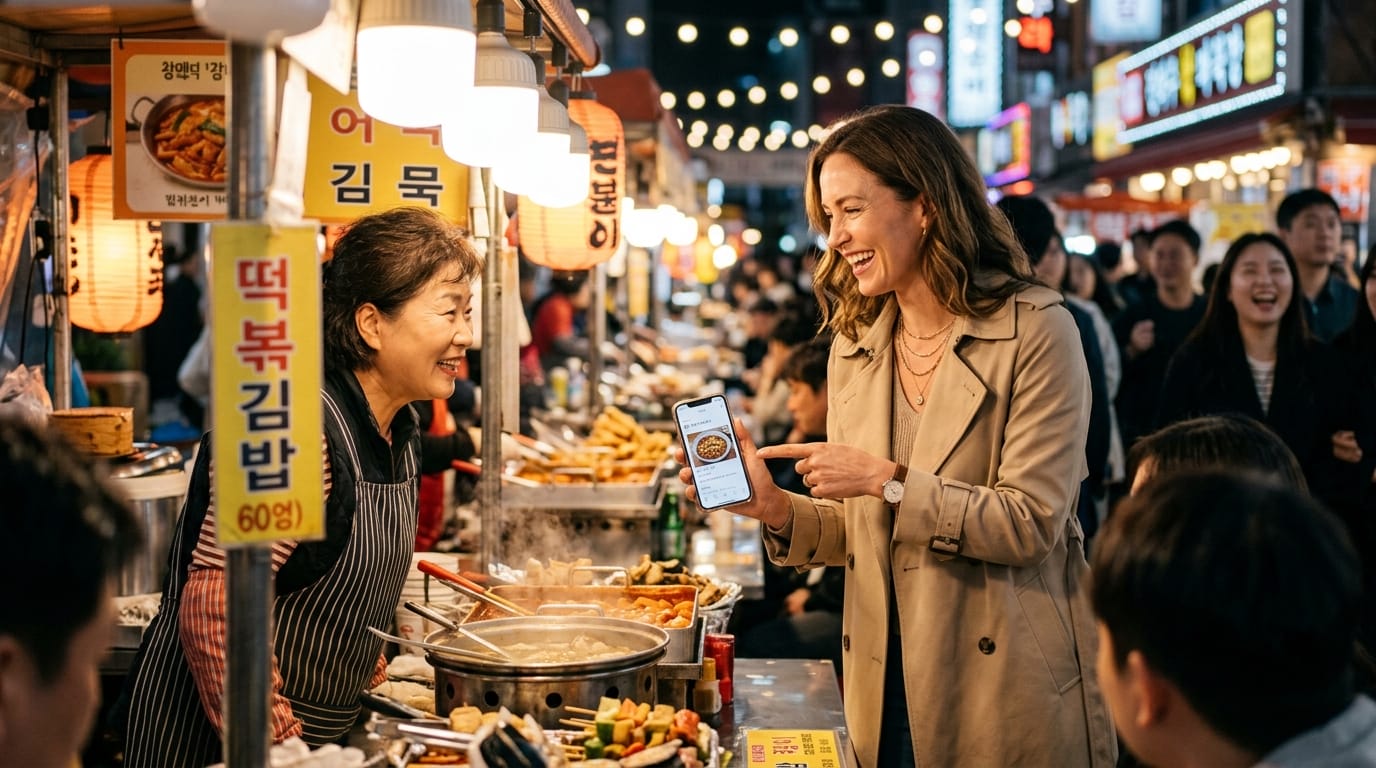 ナイトマーケットで韓国語を使いながら屋台の店主と笑顔で交流する女性