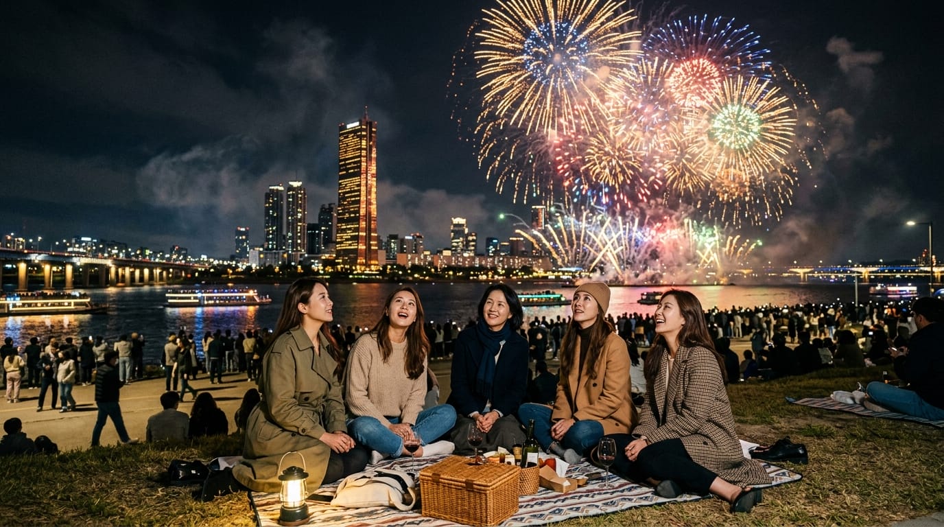 夜の川辺で花火を見ながら毛布に座ってピクニックをする5人。背景には街のスカイラインと大群衆。.