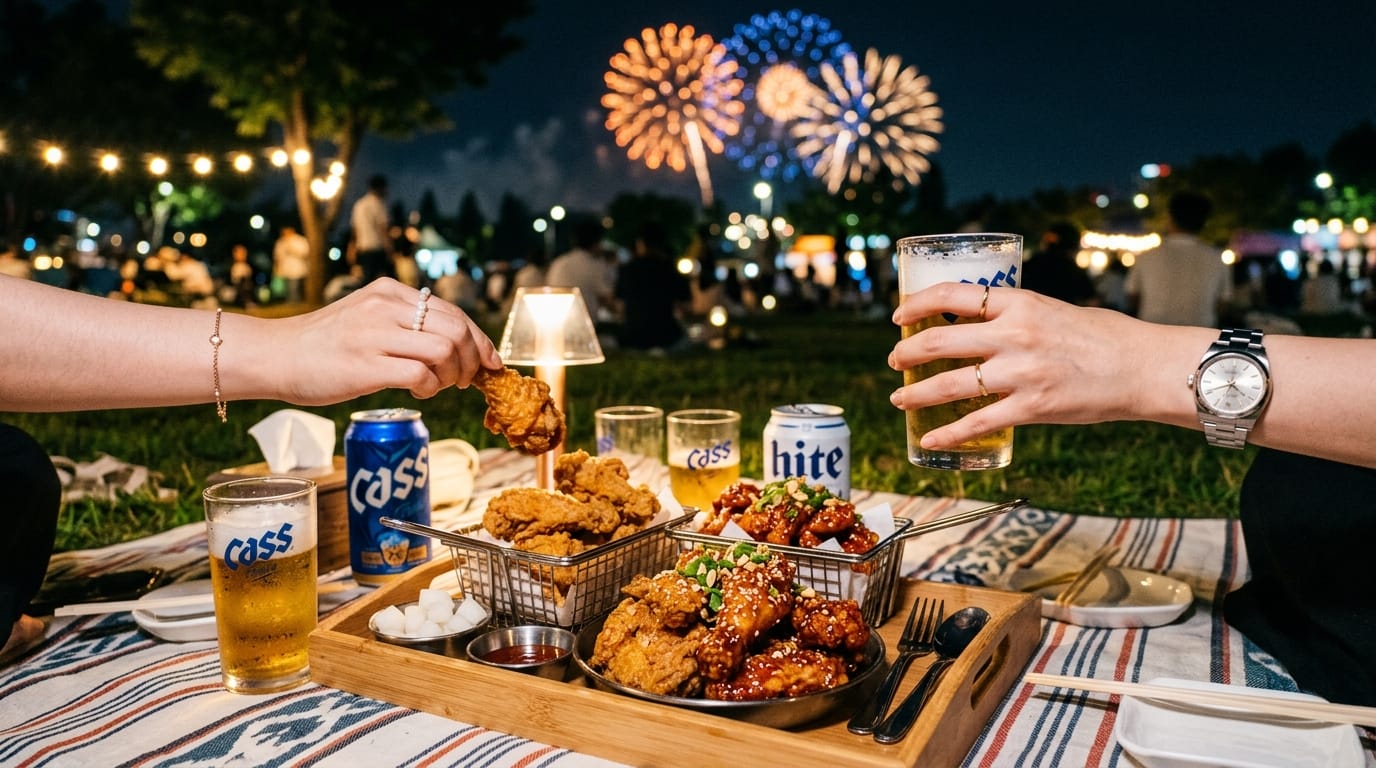 夜の公園で広げられたチメク（チキンとビール）と背景の花火