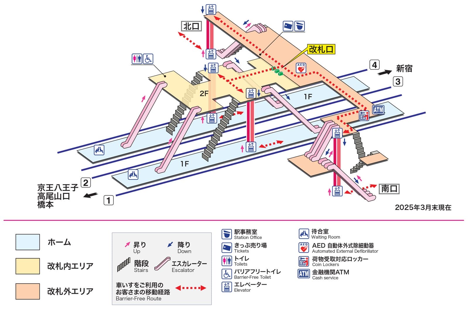 ホーム、改札口、階段、エスカレーター、エレベーター、バリアフリールートを備えた2階建ての鉄道駅構内図（2025年3月現在有効）。.