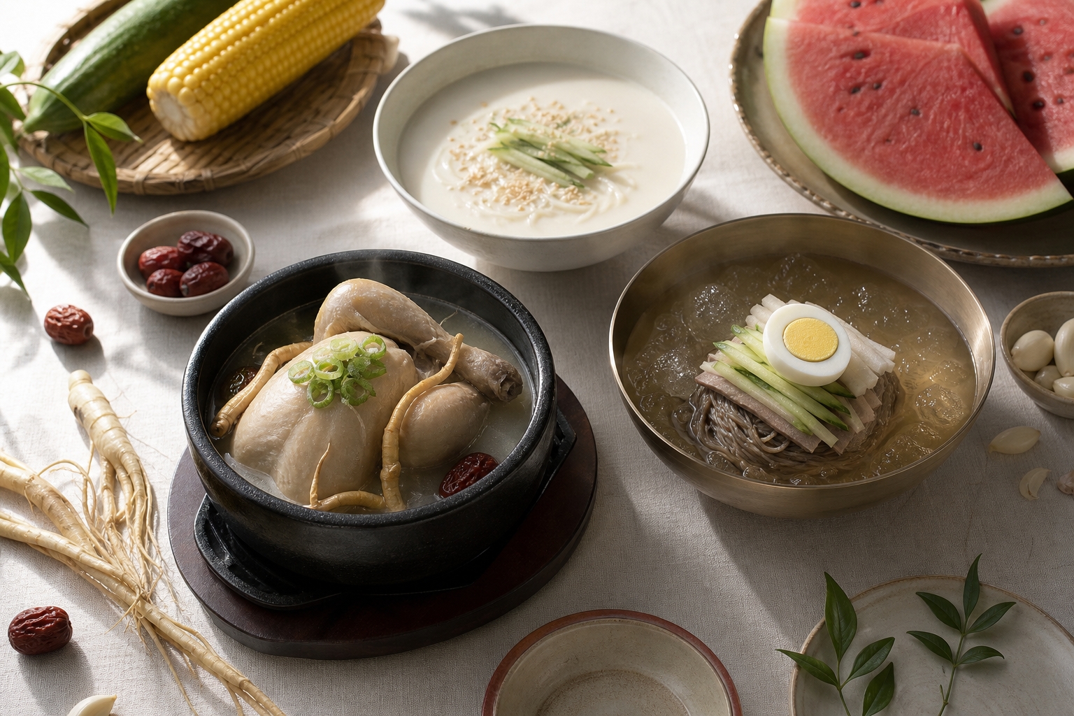 ベージュのテーブルクロスの上に、サムゲタン、冷麺、きゅうり、とうもろこし、冷たいスープの入った器、スイカの切り身、そして高麗人参が並べられたテーブル。.