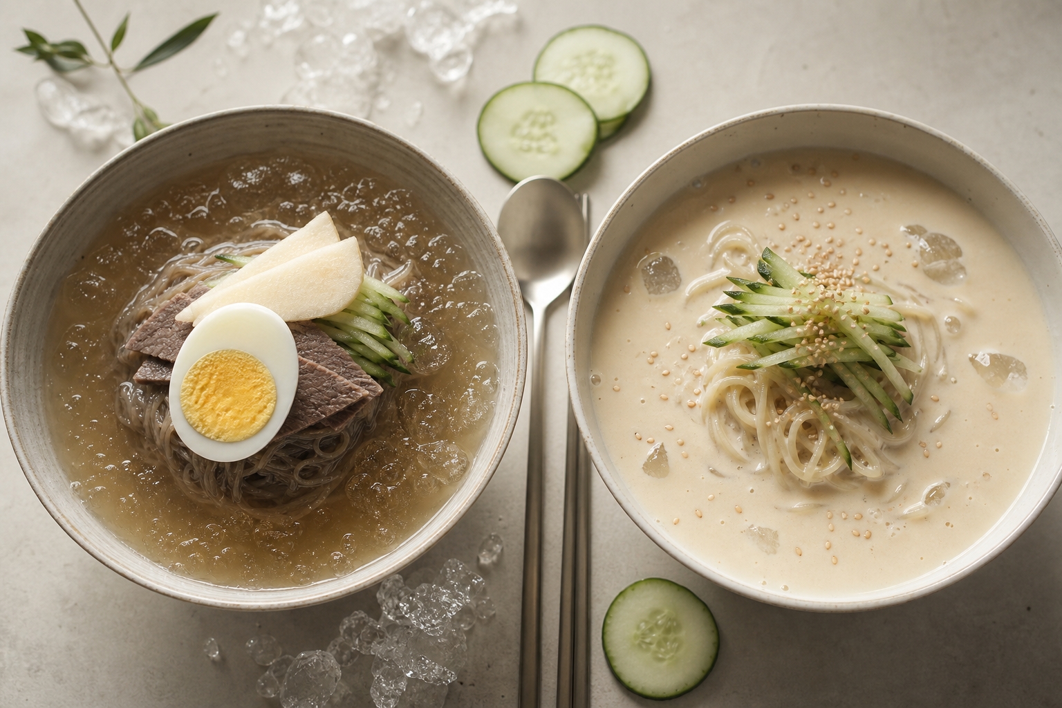 水冷麺とコングクスを並べた韓国の冷たい麺料理