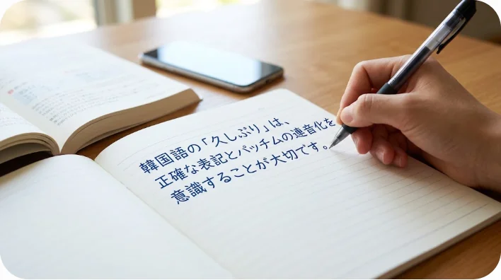 韓国語の오랜만の表記とテキストが置かれたデスク