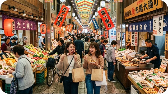 活気あふれる韓国の伝統市場で店主とやり取りをする様子