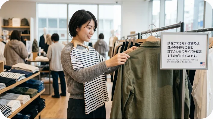韓国のショップで洋服を手にとりサイズを確認する様子