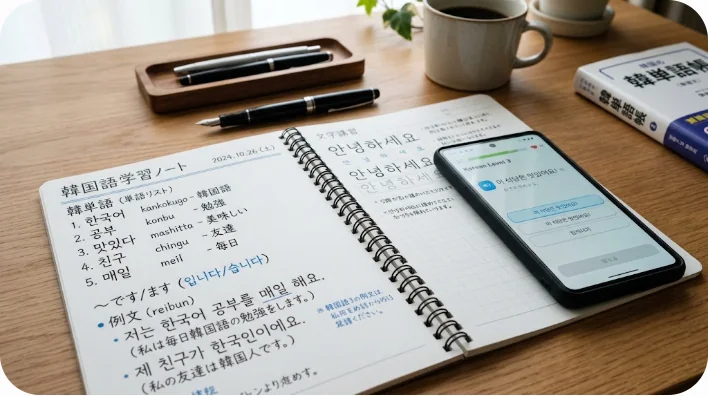 整理された韓国語学習ノートとスマートフォンのクローズアップ
