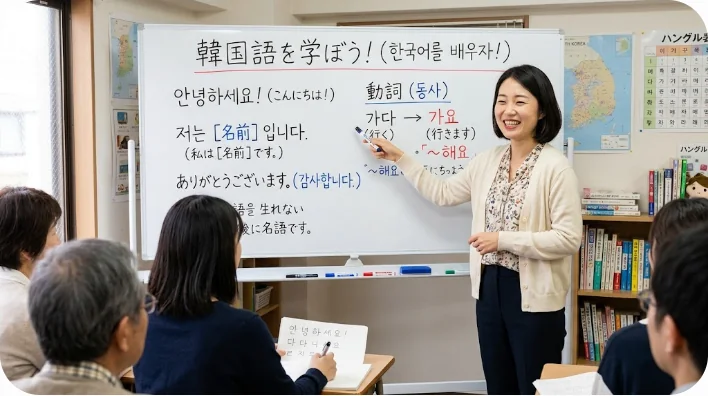 笑顔でホワイトボードを指差す韓国語教師