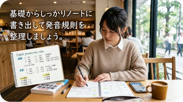木製のデスクの上に置かれた、ハングルが手書きされた開いたノートと、コーヒーカップ、ペンのクローズアップ写真。