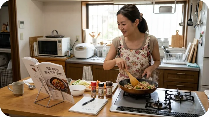 キッチンで韓国語のレシピ本を見ながら料理をする学習者の姿