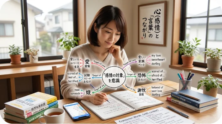 韓国語の感情表現をノートに整理して学習する様子