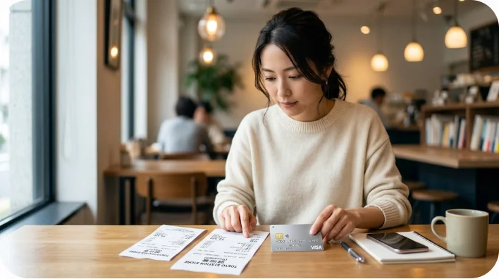 店舗のカウンターの上に置かれたレシートとクレジットカードのクローズアップ