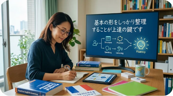 ノートと蛍光ペン、コーヒーが置かれた机の上の様子