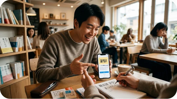 カフェで熱心に韓国語を学習し、役立つ情報を得ている様子