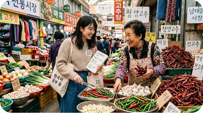 韓国の伝統市場で現地の女性と学習者が唐辛子やニンニクなどの食材を楽しそうに選んでいる様子