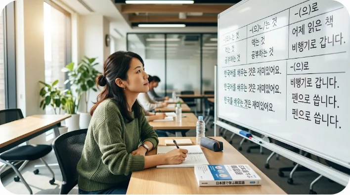 明るくモダンな教室で、韓国語の文法表が書かれたホワイトボードを見ながらノートをとる東アジア人の大人の学習者