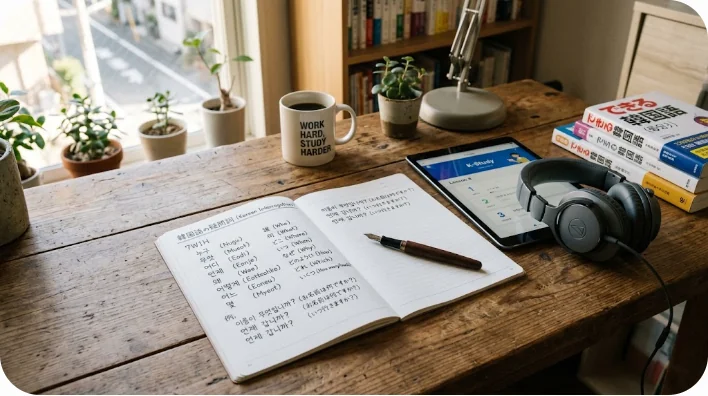 韓国語の疑問詞や質問文の作り方を学習するノートとタブレット