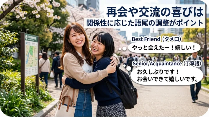 街角で笑顔で再会を喜ぶ友人同士の様子