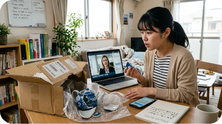 自宅で届いた段ボール箱を開け、違う商品が入っていて少し困惑している様子