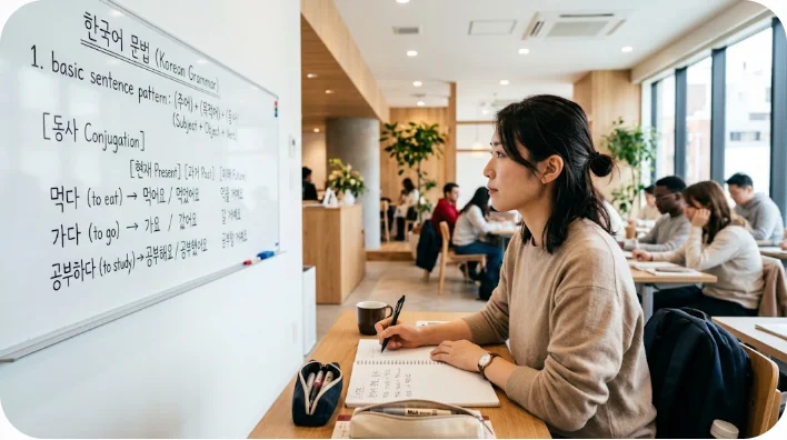 明るくモダンな教室で、韓国語の文法表が書かれたホワイトボードを見ながらノートをとる東アジア人の大人の学習者