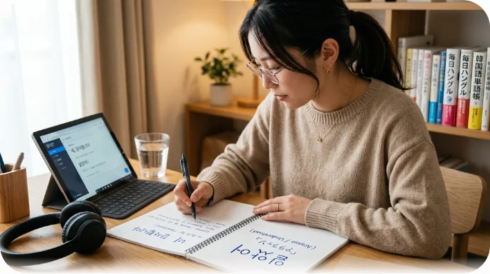 韓国語アルダからアラッソへの文法的な成り立ちと発音をノートで学ぶ様子