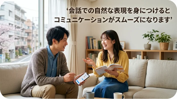 オフィスで笑顔で会話をする二人の東アジア人の様子