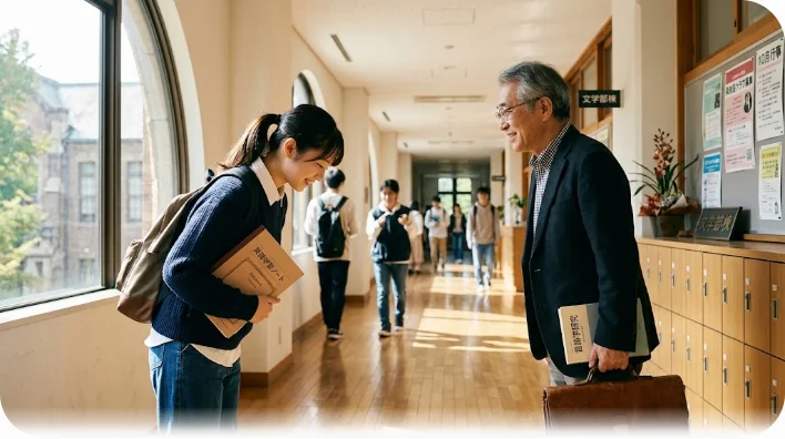 大学のキャンパスで朝に先生へ丁寧に挨拶する学習者