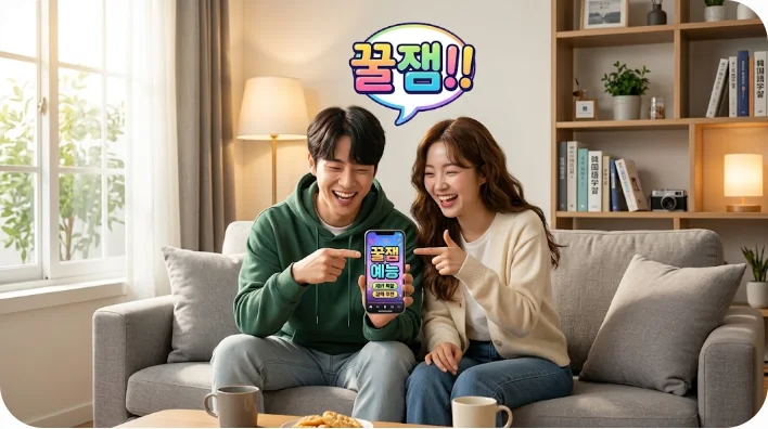 リビングで韓国ドラマを見ながら楽しそうに笑い合う男女