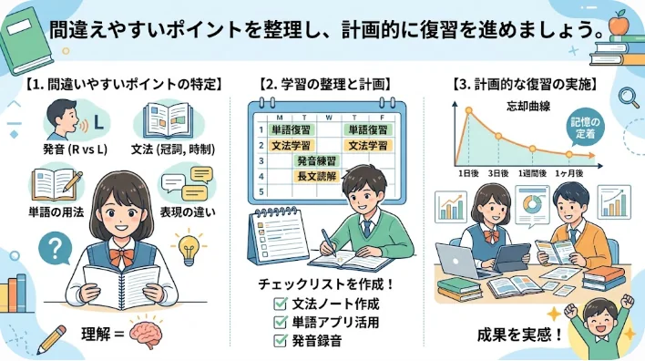 明るい部屋で東アジア人が笑顔でノートパソコンを使って学習スケジュールを立てており、周りに語学学習の本が置かれている様子。
